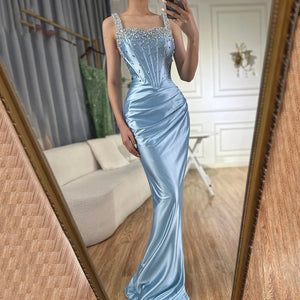 Luxury Dubai  Saudi Blue Crystal Beaded Spaghetti Strap Mermaid Evening Dress Gown with Split for Formal Occasion LA72739 - SERENE  HILL