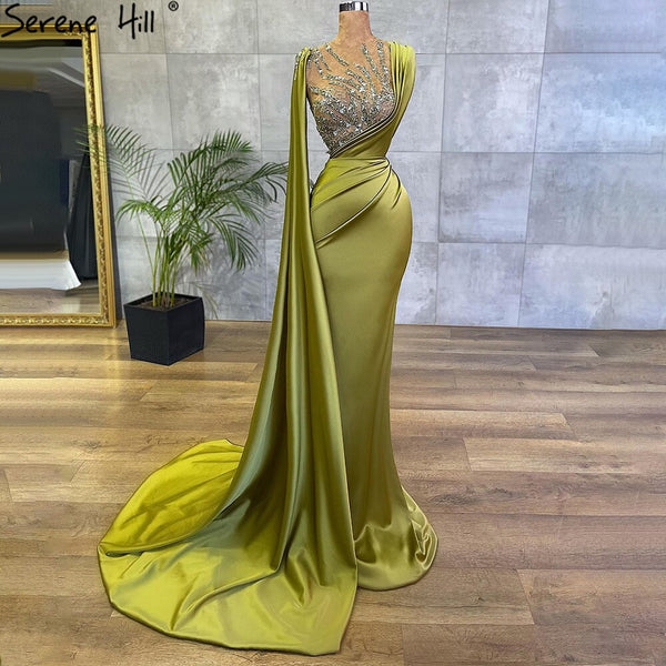 Olive Green Mermaid Satin Evening Dresses Gowns 2021 Elegant Beaded ...