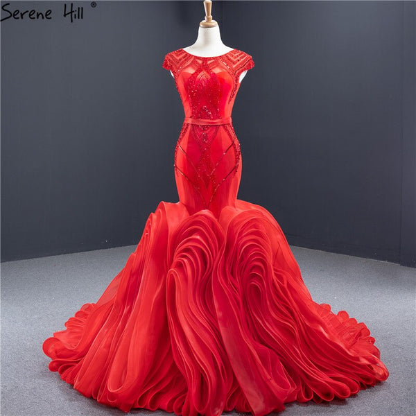 Red Mermaid Design O-Neck Sexy Wedding Dresses 2021 Sleeveless Beading ...