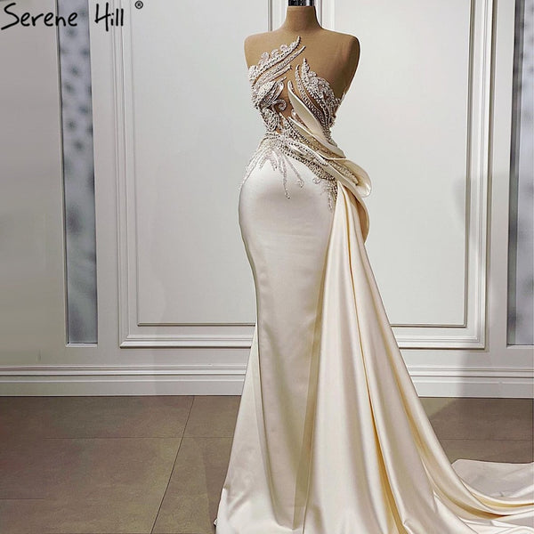 Serene Hill Beige Mermaid Overskirt Evening Dresses Gowns 2023 Satin ...