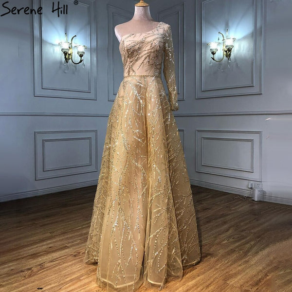 Serene Hill Gold A-Line Luxury Evening Dresses Gowns 2023 One Shoulder ...