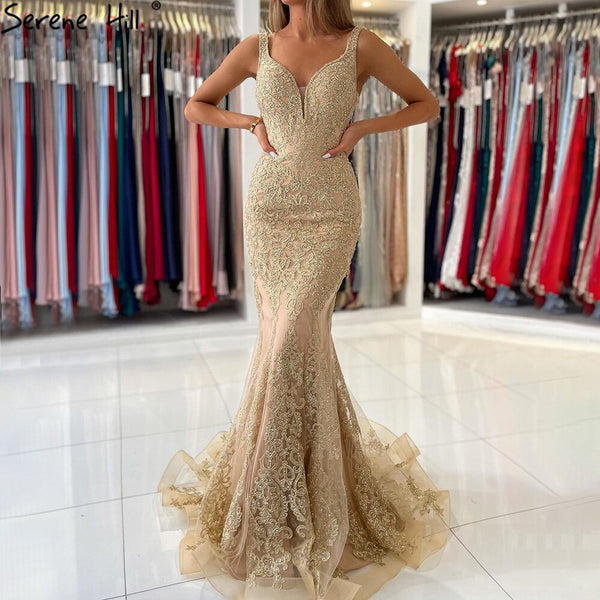 Serene Hill Gold Mermaid Luxury Evening Dressese Gowns 2021 Lace Beaded ...