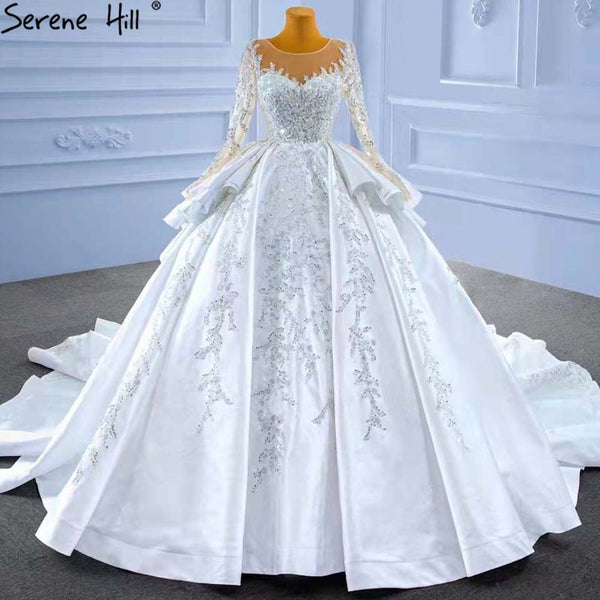 Serene Hill Muslim White Ruffles Beaded Wedding Dresses 2021 Satin ...