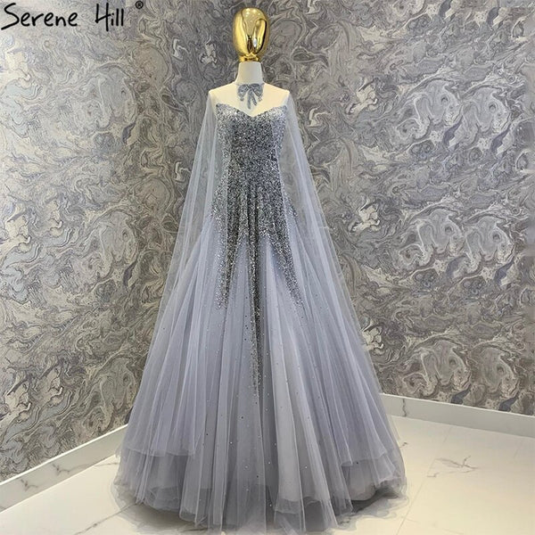 Serene Hill Silver Luxury A-Line Evening Dresses Gowns 2021 With Cape ...