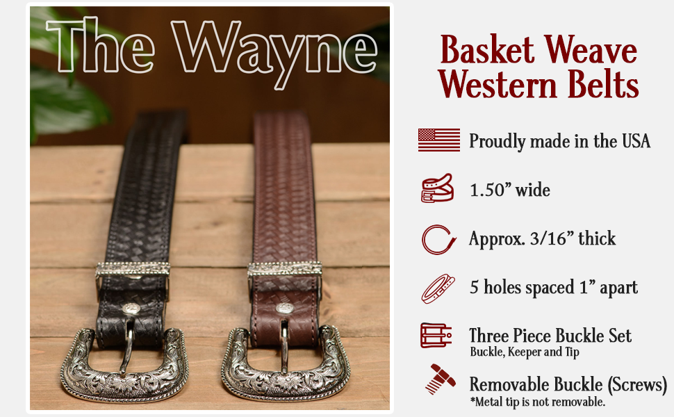 The Wayne: Men's Black Stitched Basket Weave Western Leather Belt 1.50 ...