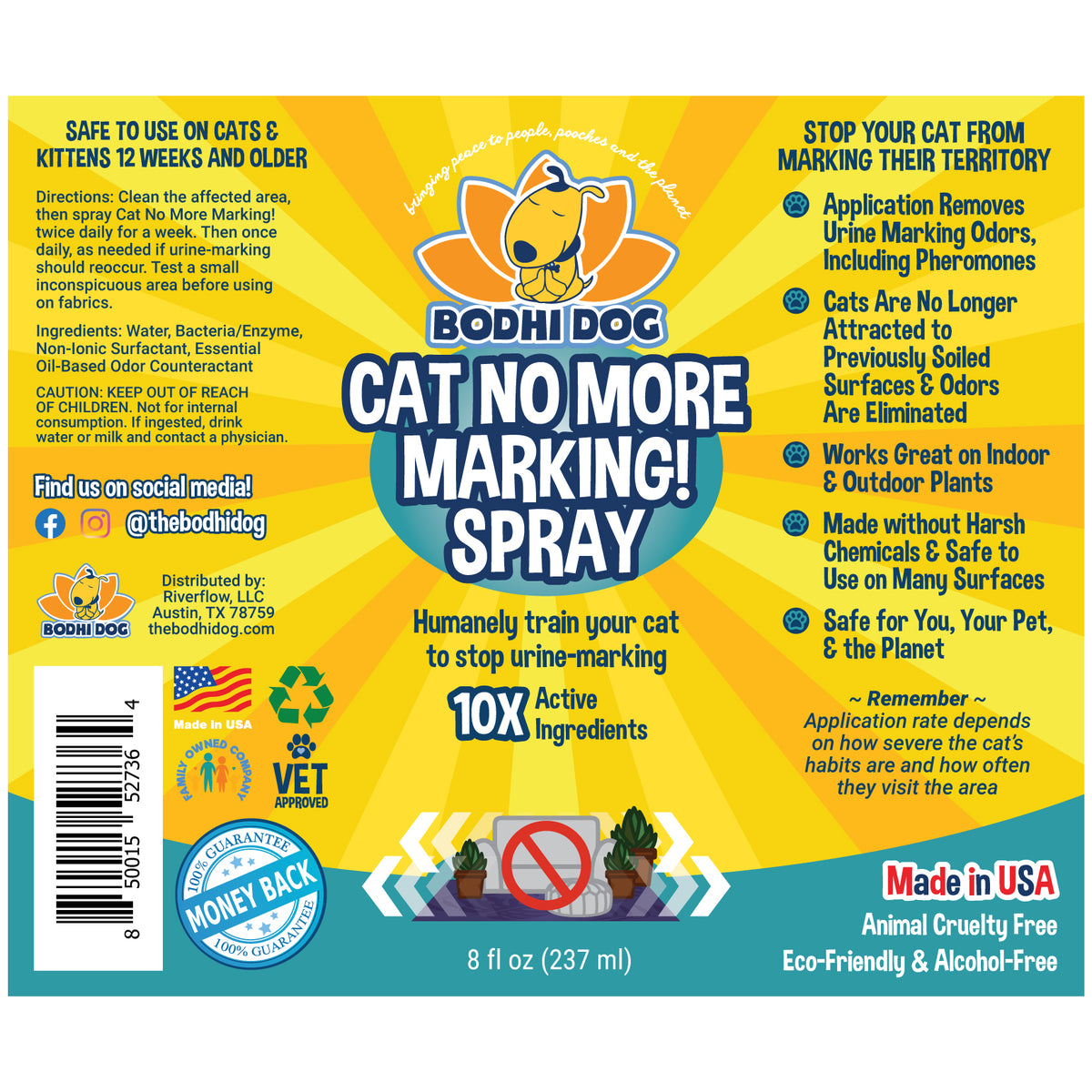 Bodhi Dog Cat No More Marking! Spray | Deters Cats from Urine Marking Indoors & Outdoors | Removes Urine Marking Odors | Safe for Indoor & Outdoor Use | Made in USA