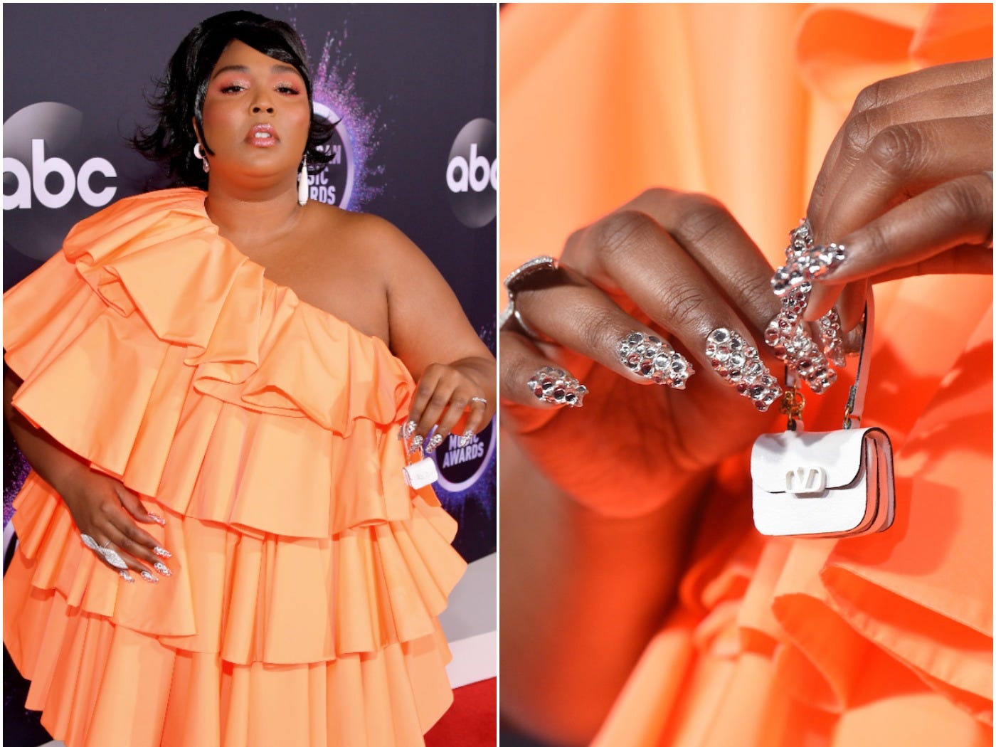Lizzo's AMA red carpet look complete with micro bag