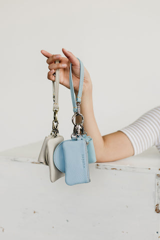 Mildred and rose card holder or coin purse in smoke and sky blue oil leather.