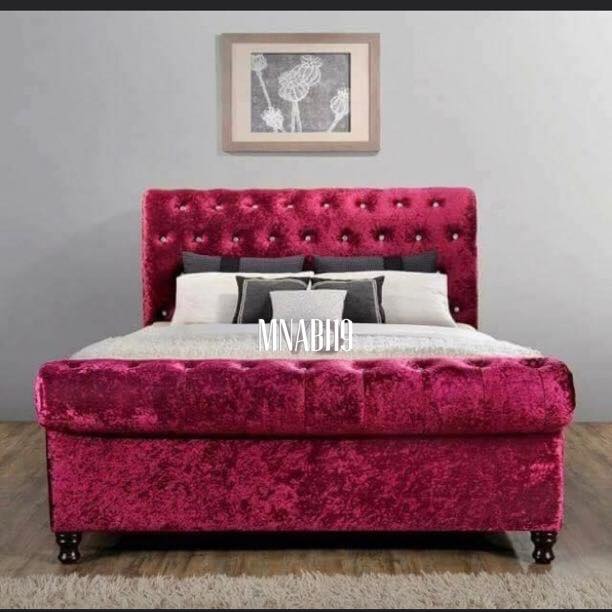 Luxury Pink Plush Soft Velvet Sleigh Bed With Diamond Headboard Nabi