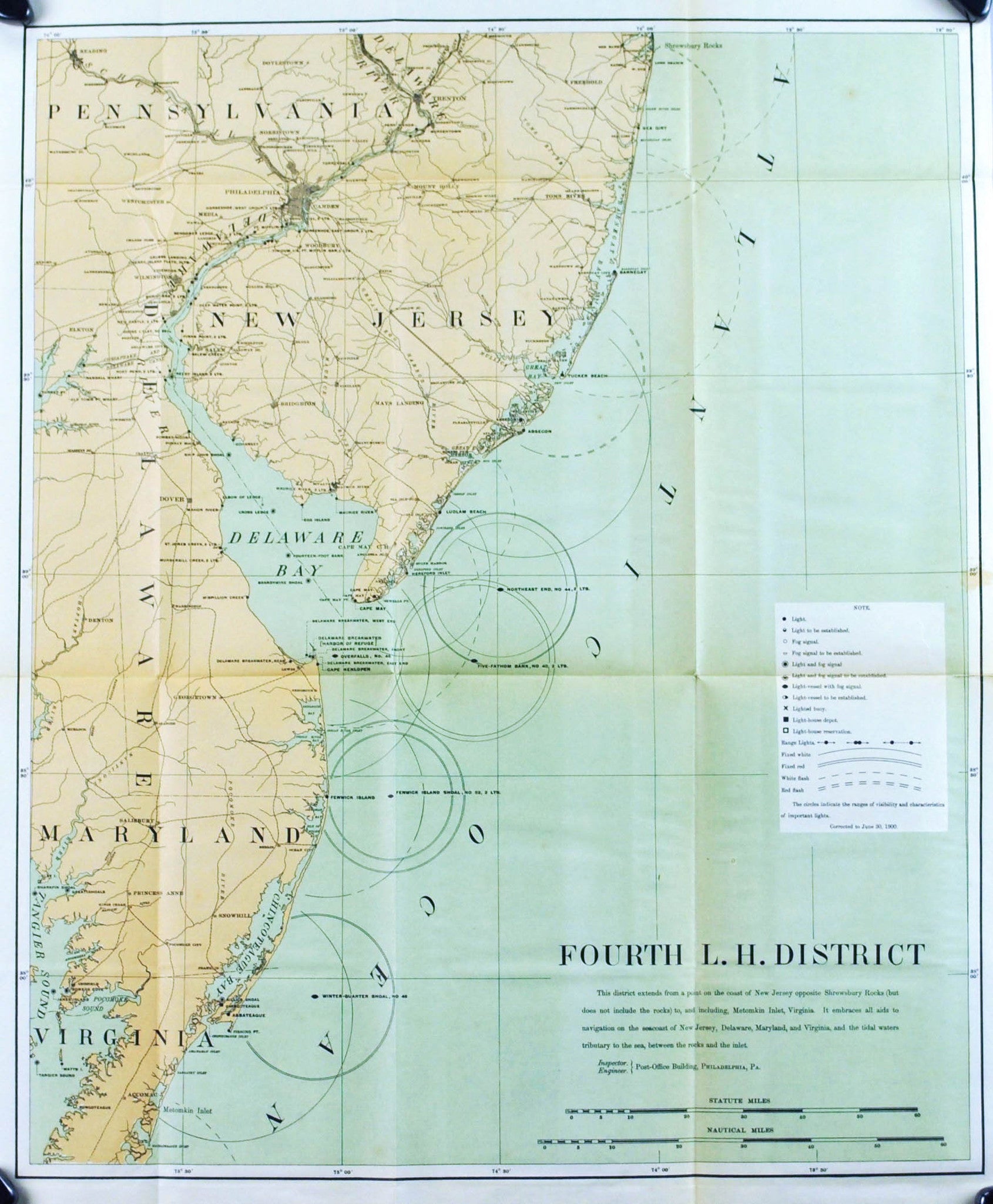 Lighthouse Maryland New Jersey Delaware Bay Antique Map 1900 Historic Accents