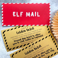 elf mail christmas card with golden ticket personalised
