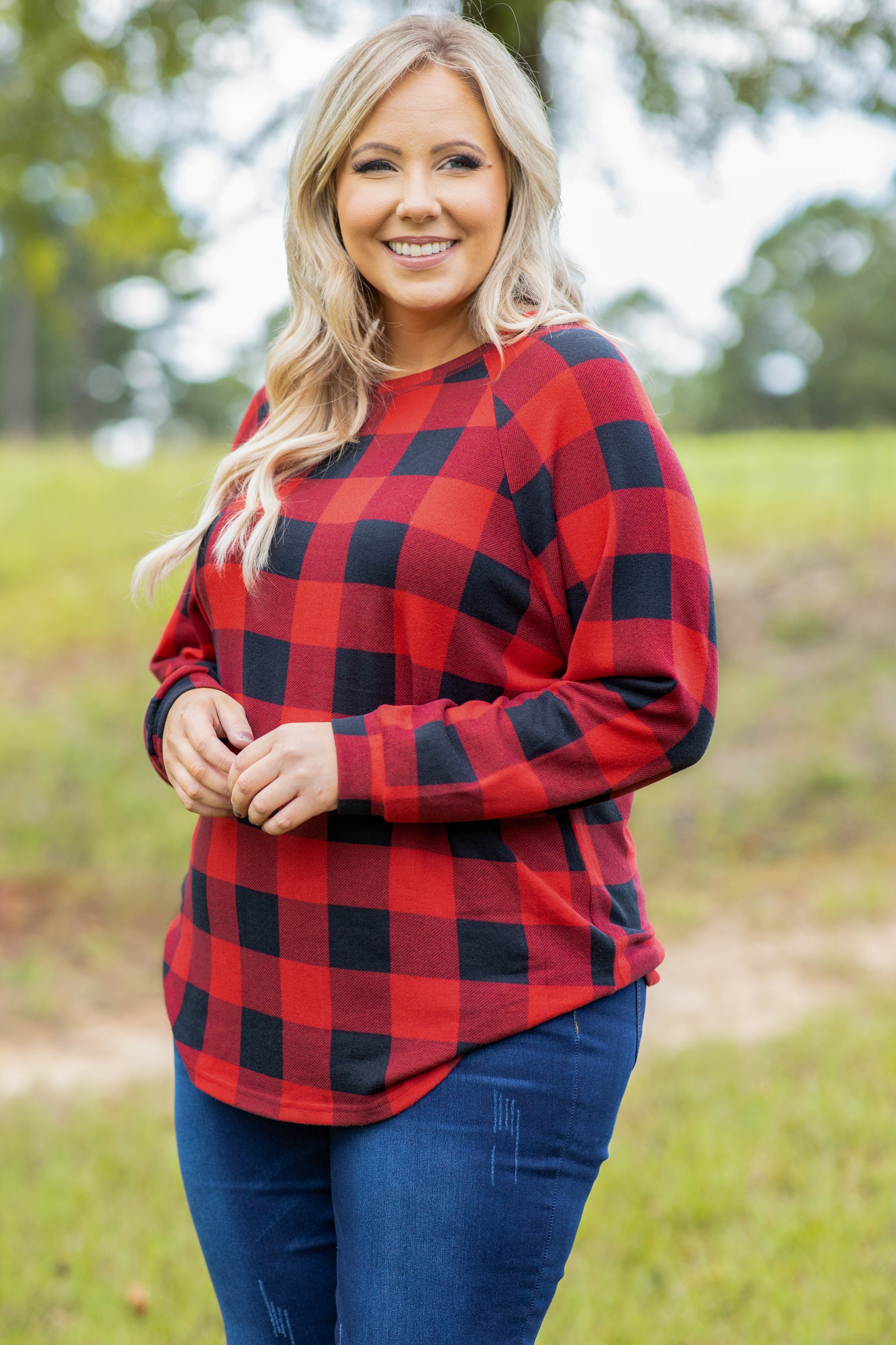 Curved Hem Slouchy Dolman Tunic, Red Plaid - Chic Soul product image