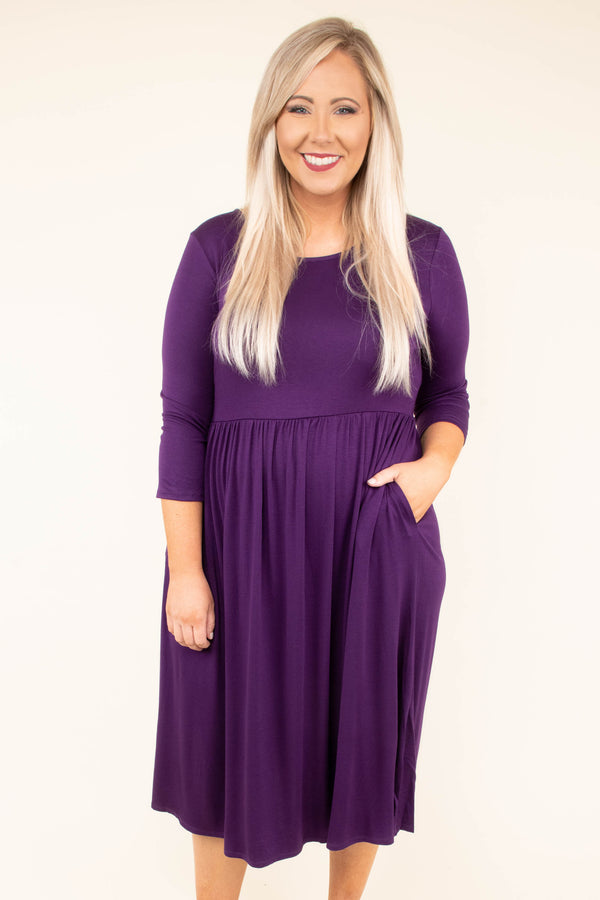 purple midi dress with sleeves