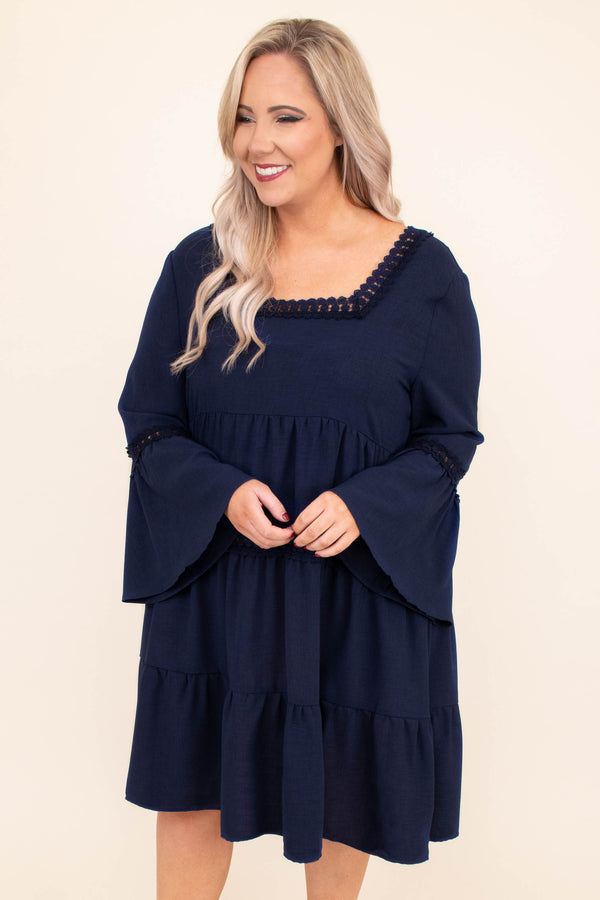 navy blue dress with bell sleeves