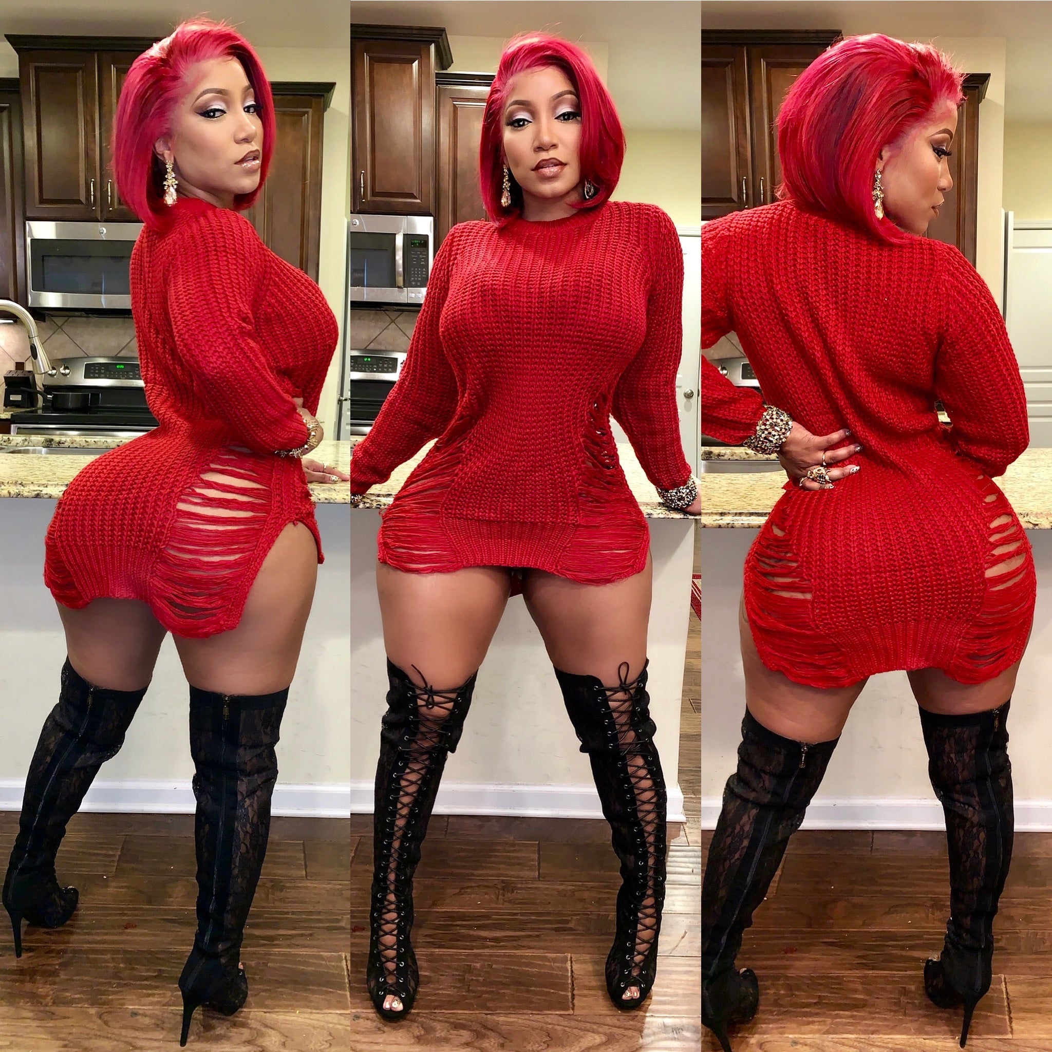 red dress black thigh high boots