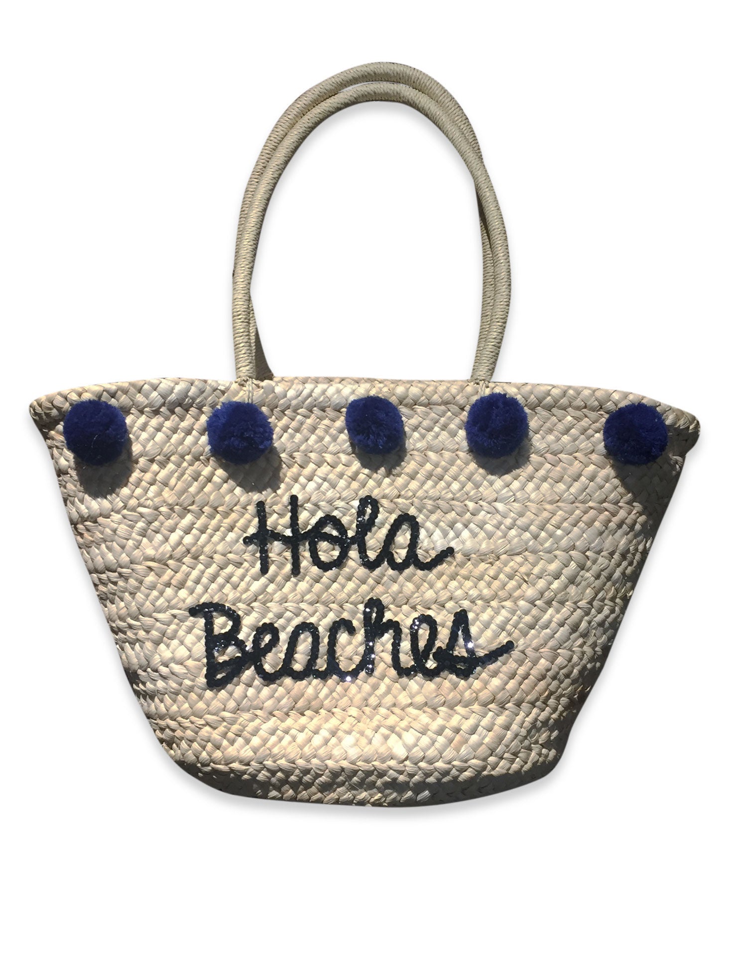 straw beach tote with pom poms