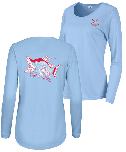 Women's Lionfish Performance V-Neck Long Sleeve Shirts - Reel Fishy Apparel XL / Ladies Lt. Blue Scoop-Neck L/S