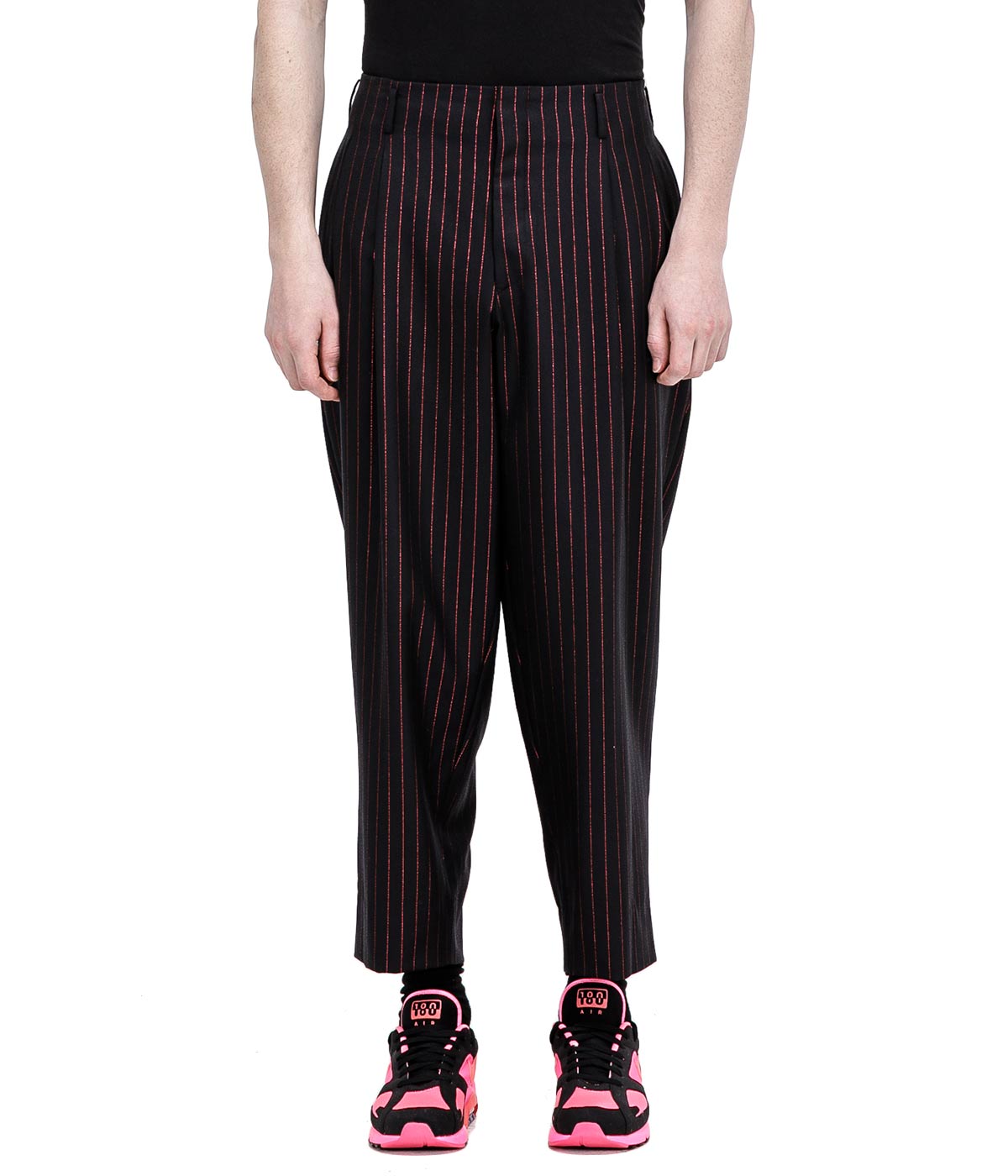 black and red pinstripe pants