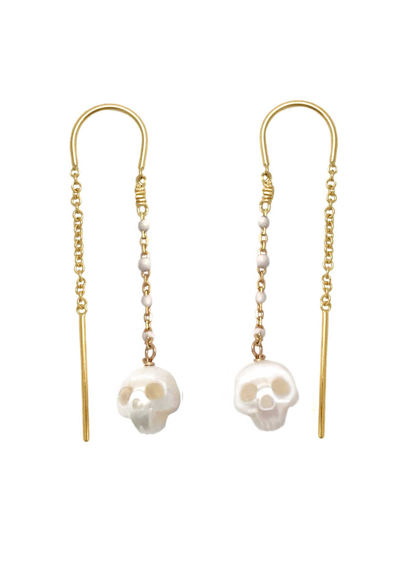 Pearl Skull Earrings with White Enamel Chain- Ready to Ship