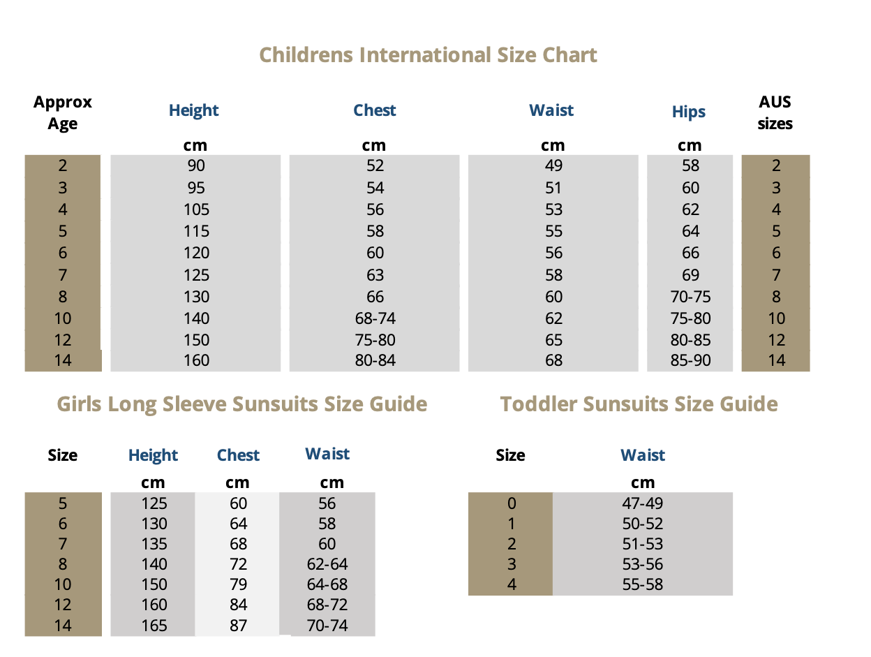 Adult & Children's Swimwear & Rashie Size Chart