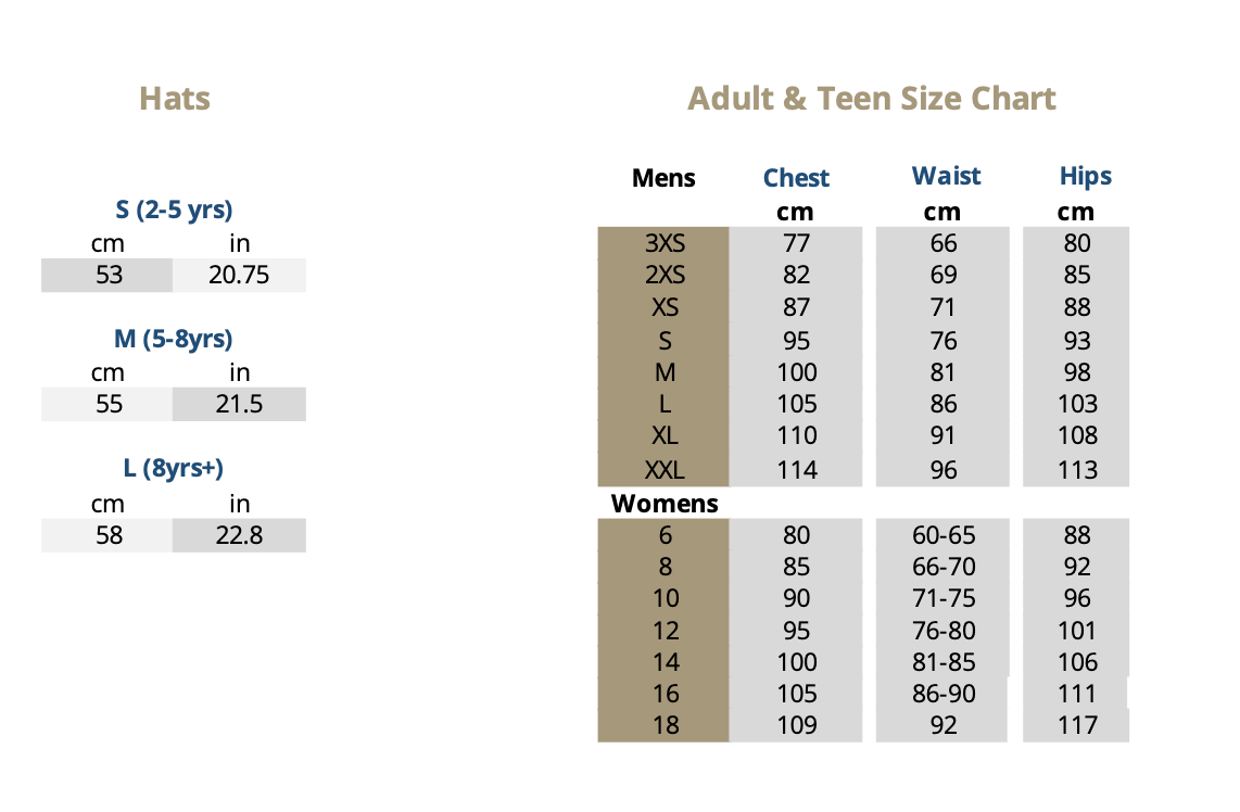 Adult & Children's Swimwear & Rashie Size Chart