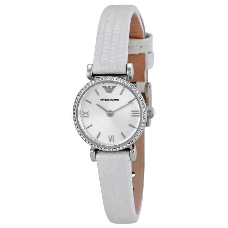 Emporio Armani AR1686 Retro Silver Dial White Leather Strap Ladies' Watch -  32° Watches