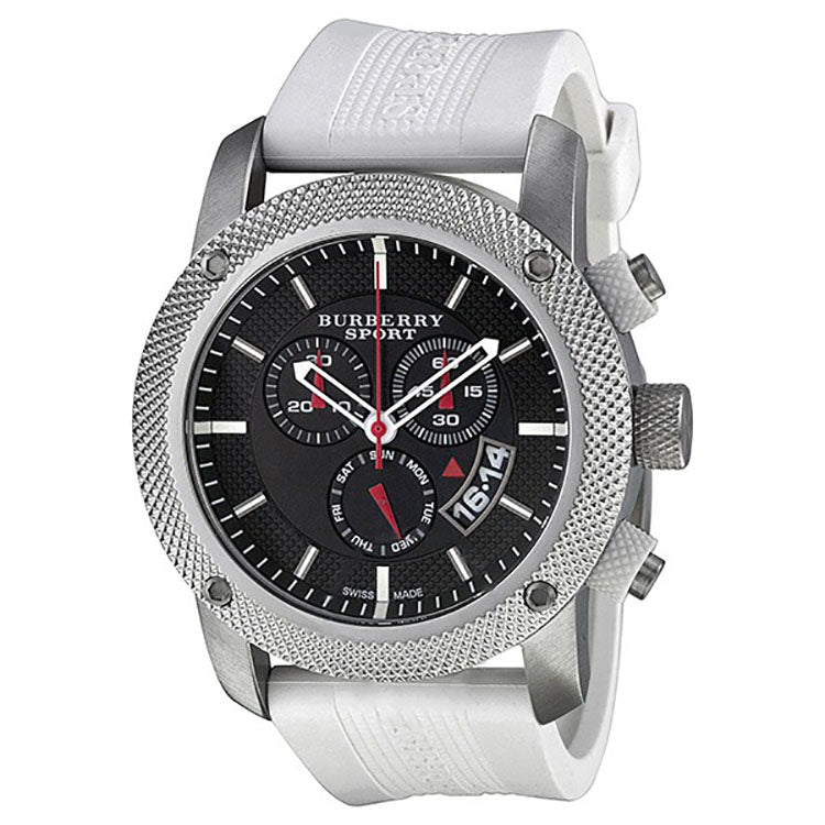 Burberry BU7707 Sport Chronograph Black Dial White Rubber Men's Watch - 32°  Watches