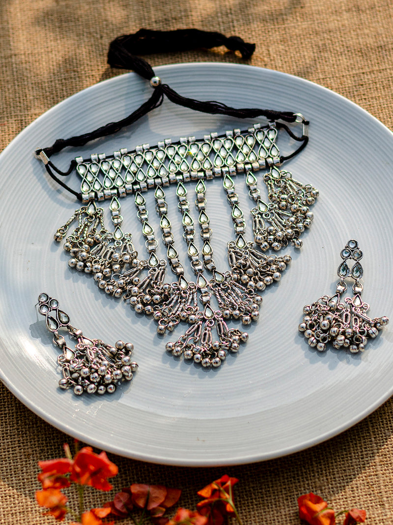 Oxidised Multi-layered Statement Necklace + Earrings Set