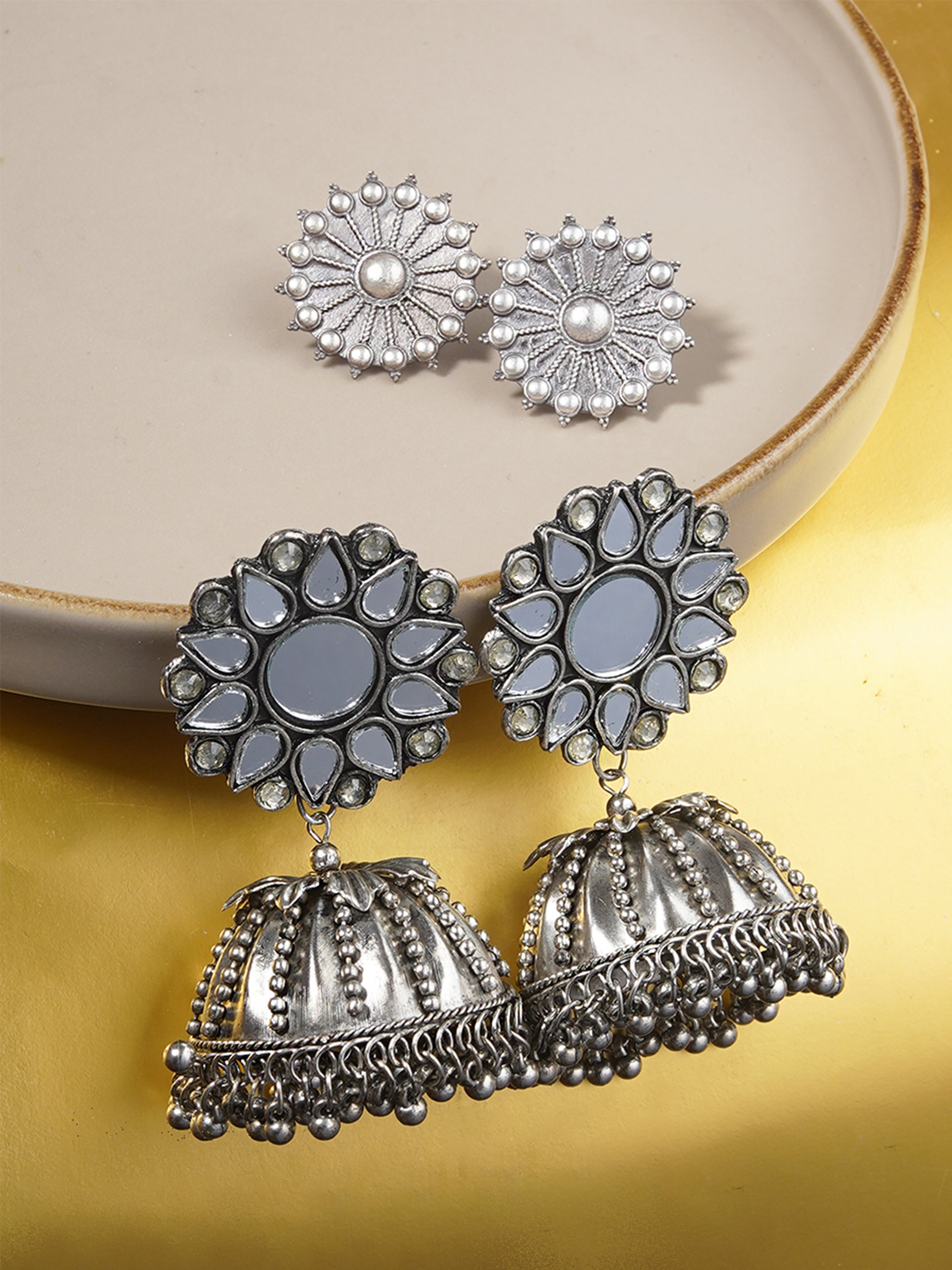 Silver Mirror Oxidised Jhumka Earrings – Shasmis