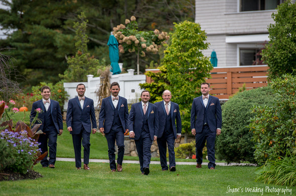 Groom and his groomsmen on his wedding day in Maine