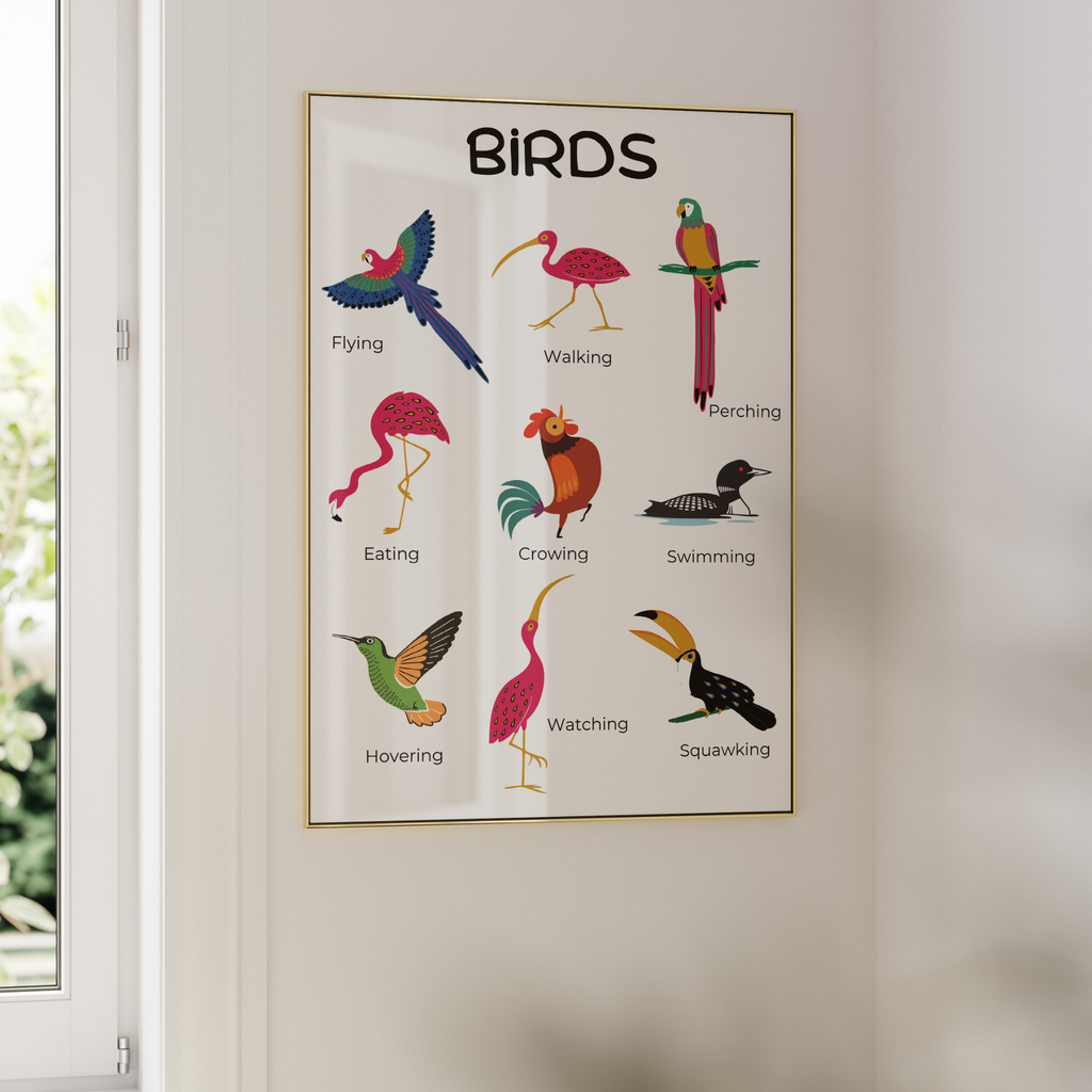 colorful kids' bird poster on a white bathroom wall