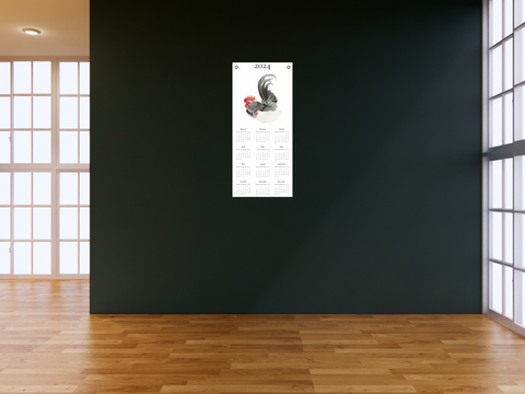 2024 Calendar on Canvas Featuring Japanese Hen and Rooster