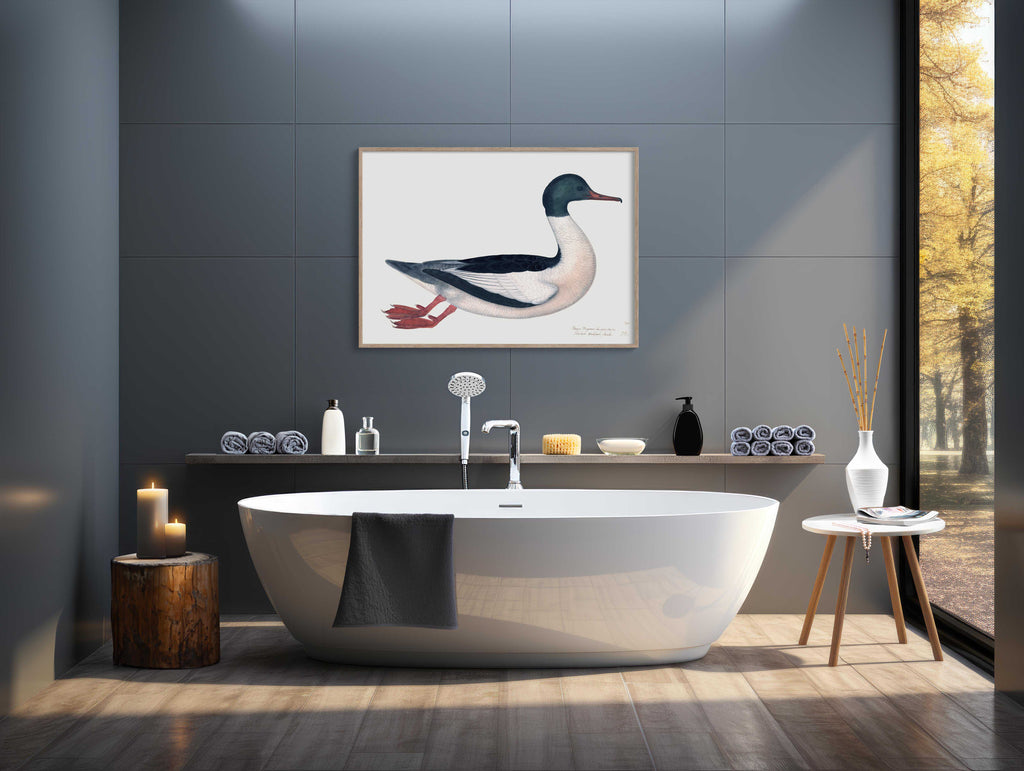 Rudbeck duck print in a bathroom with a natural theme