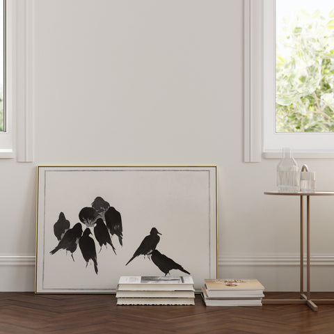 Black and white bird artwork featuring Japanese crows