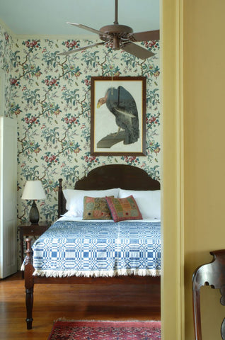 Audubon Vulture over a bed in a classically decorated bedroom