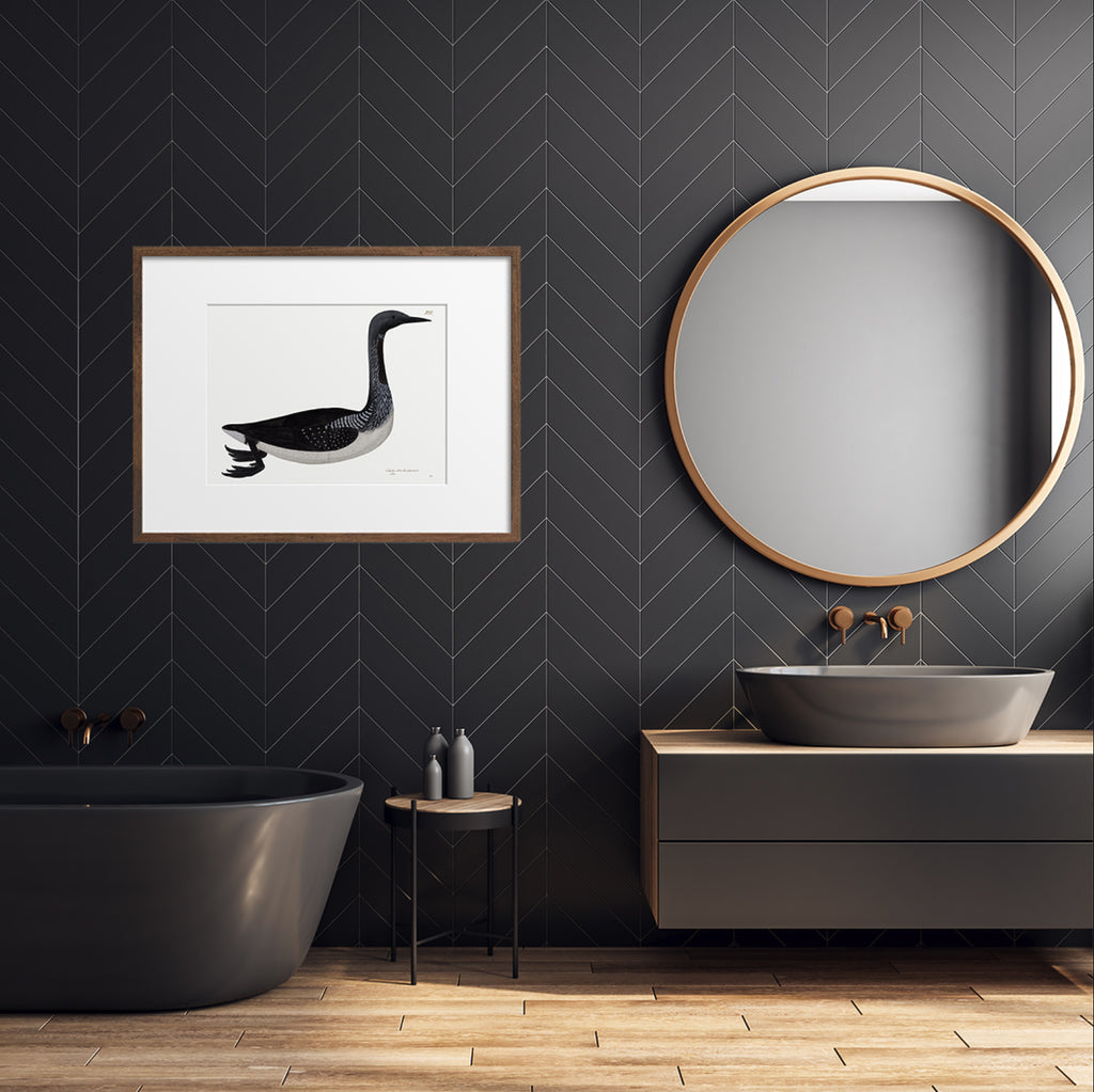 Olof Rudbeck Black Diver bird print in a black bathroom with wood accents