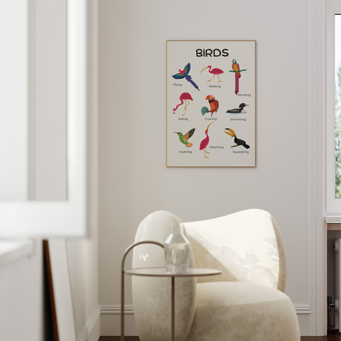 active birds poster for kids in white frame