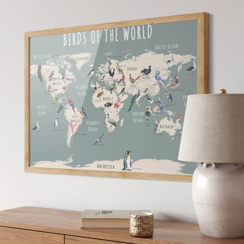 World map showing birds of the world on fine art canvas with brass grommets for hanging