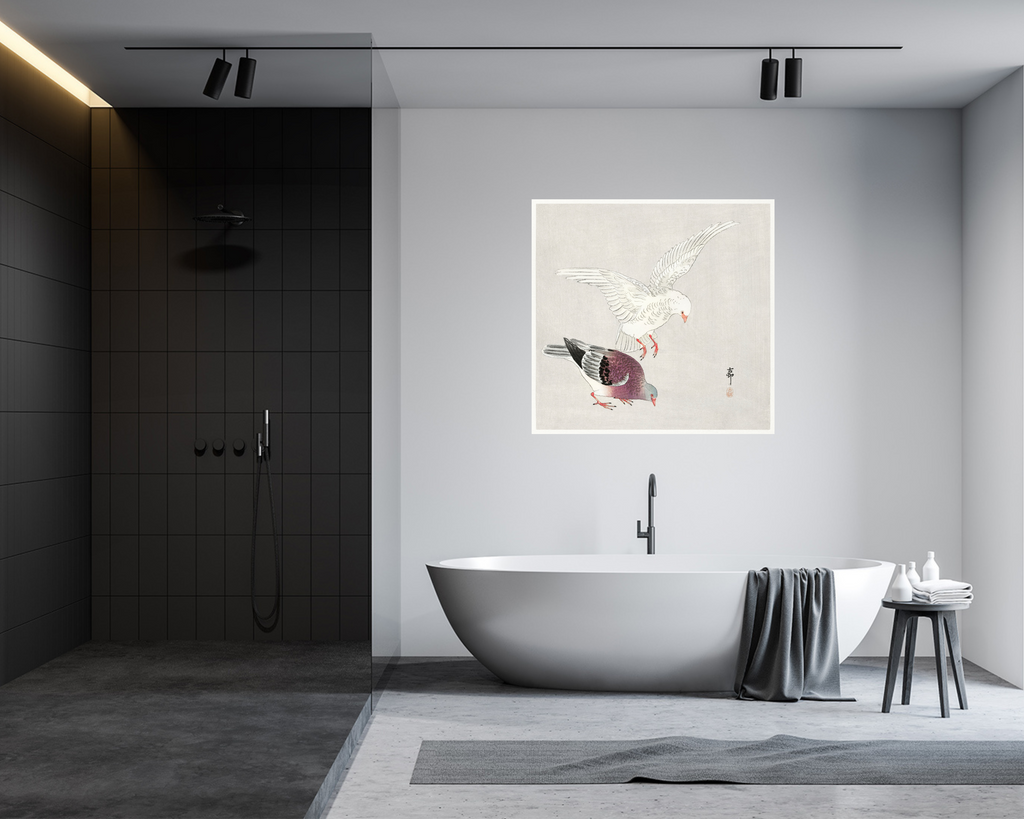 japanese bird print in a bathroom