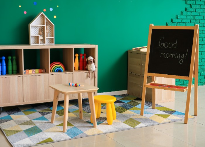 toddler's playroom with bright green walls