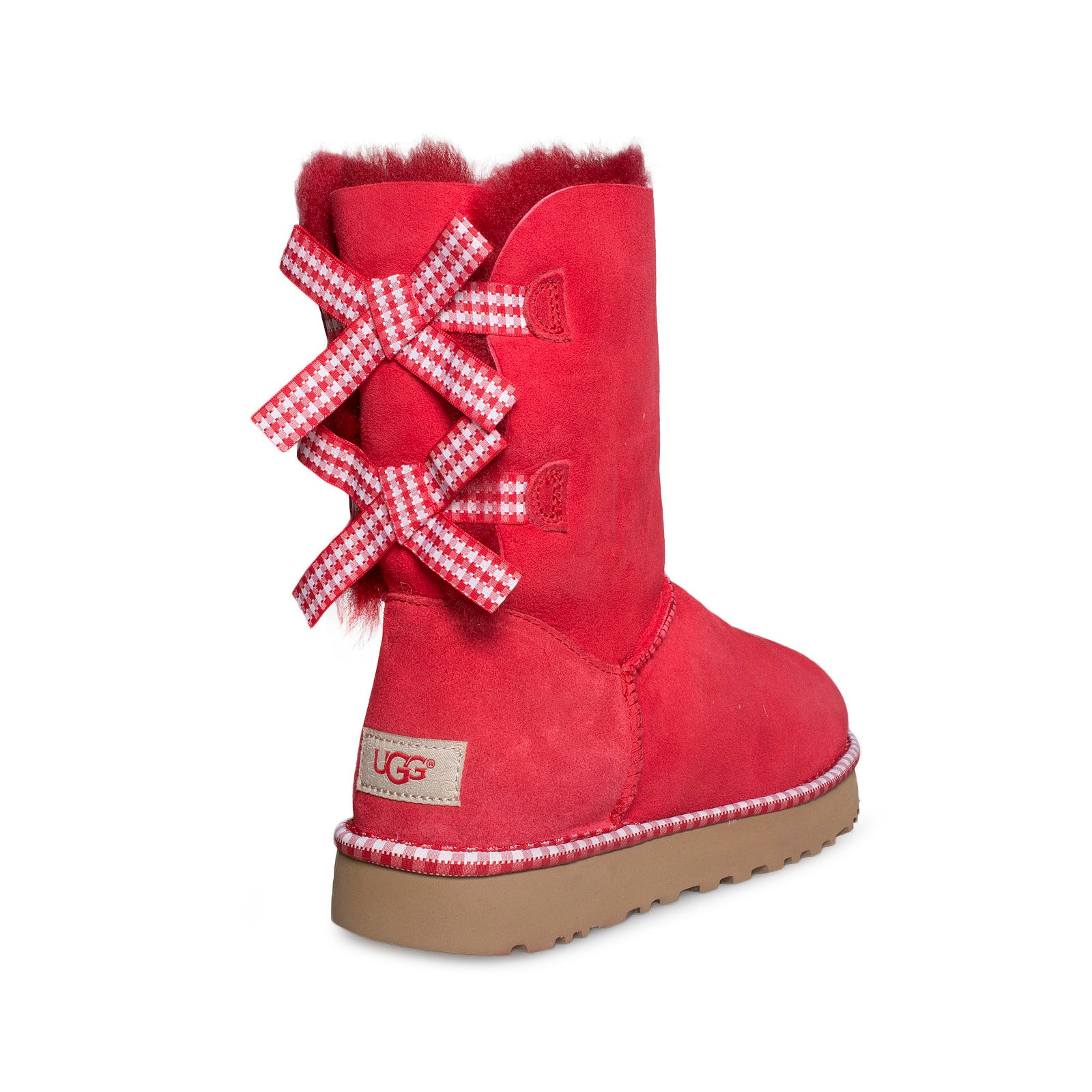 red uggs with ribbon on back