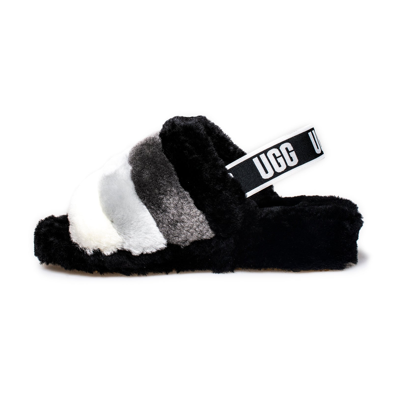 black white and grey ugg slides