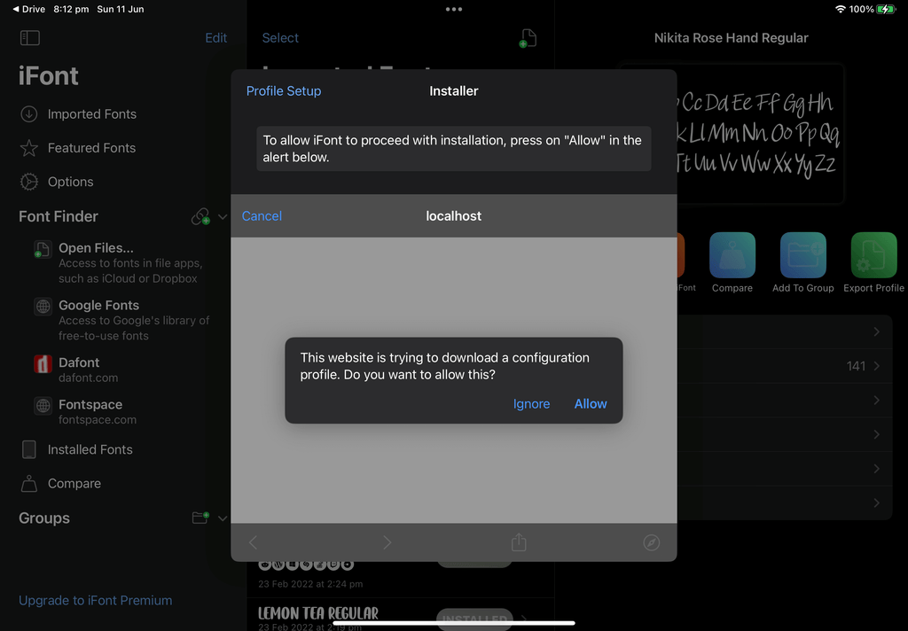 Installing the font using ifont app on ipad