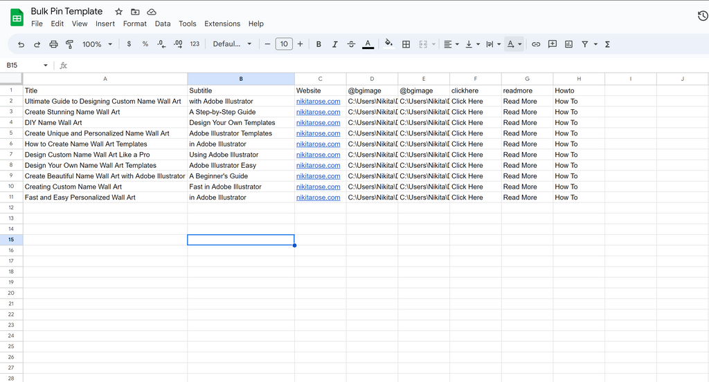 Variable Data Merge Google Sheets Data Source Template to create multiple Pinterest Pins in Adobe Illustrator