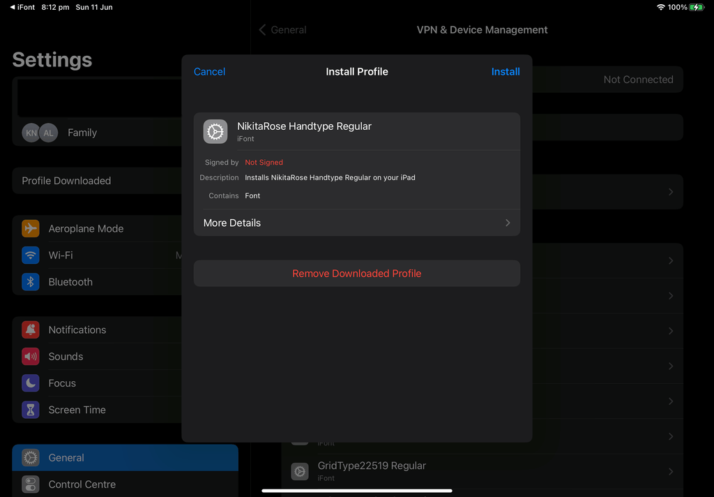 Install the font profile in settings on the iPad
