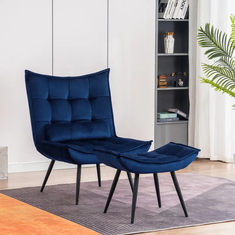 WallMantra - Navy Blue Leatherette Armchair With Footrest & Cushion
