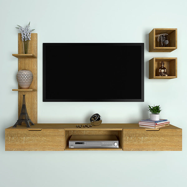 African Oak FInished Distinctly Shelved Tv Unit – WallMantra