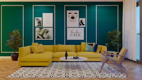 modern living room with green wall and yellow couch