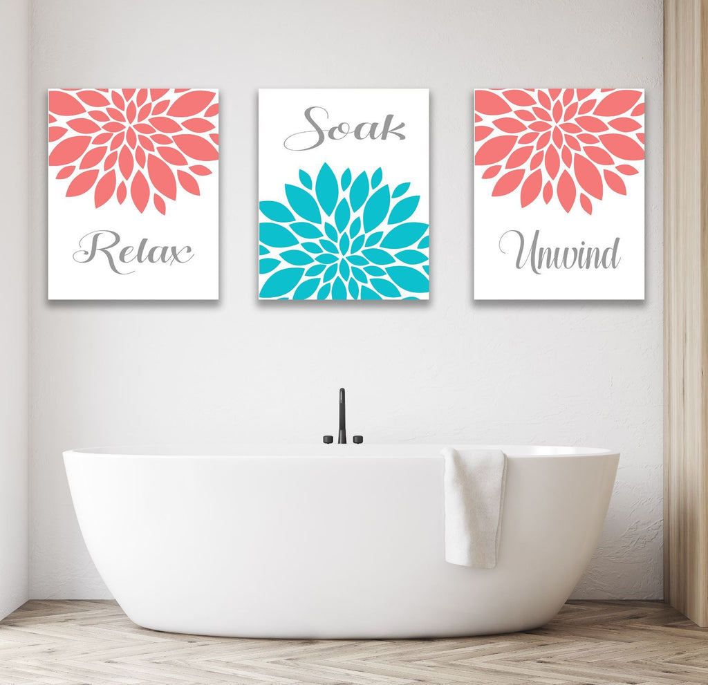 Coral Teal Floral Bathroom Wall Art Guest Bathroom Decor Prints Or Can Sweet Blooms Decor