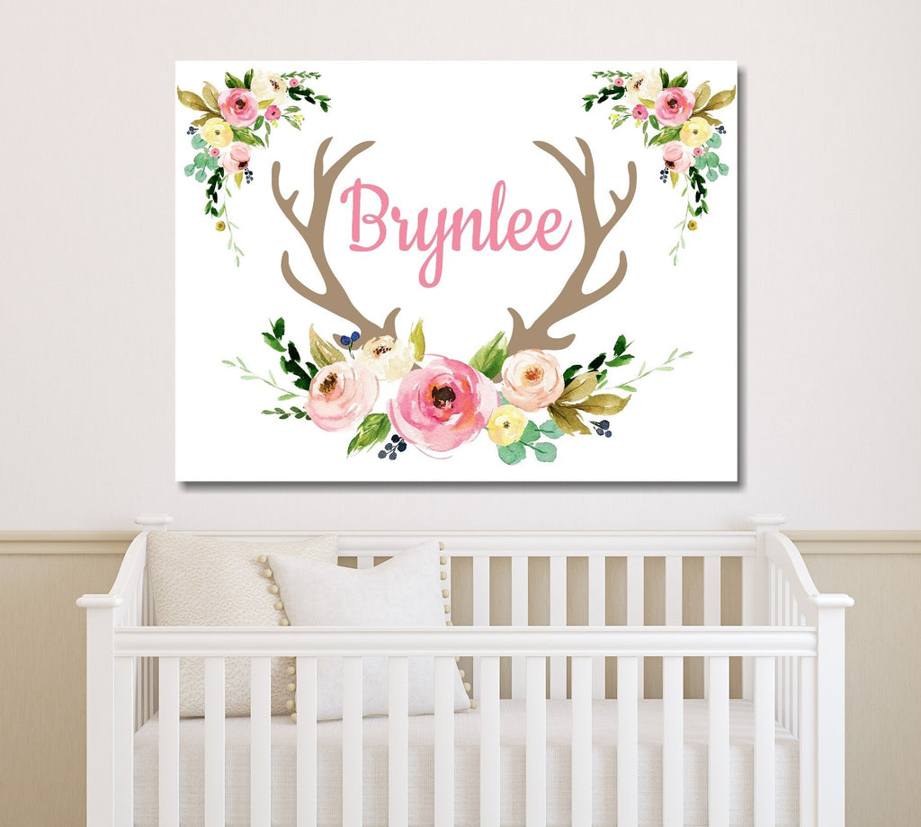 Deer Antlers Floral Wall Art Bedroom Decor Personalized Baby Shower Gift Sweet Blooms Decor